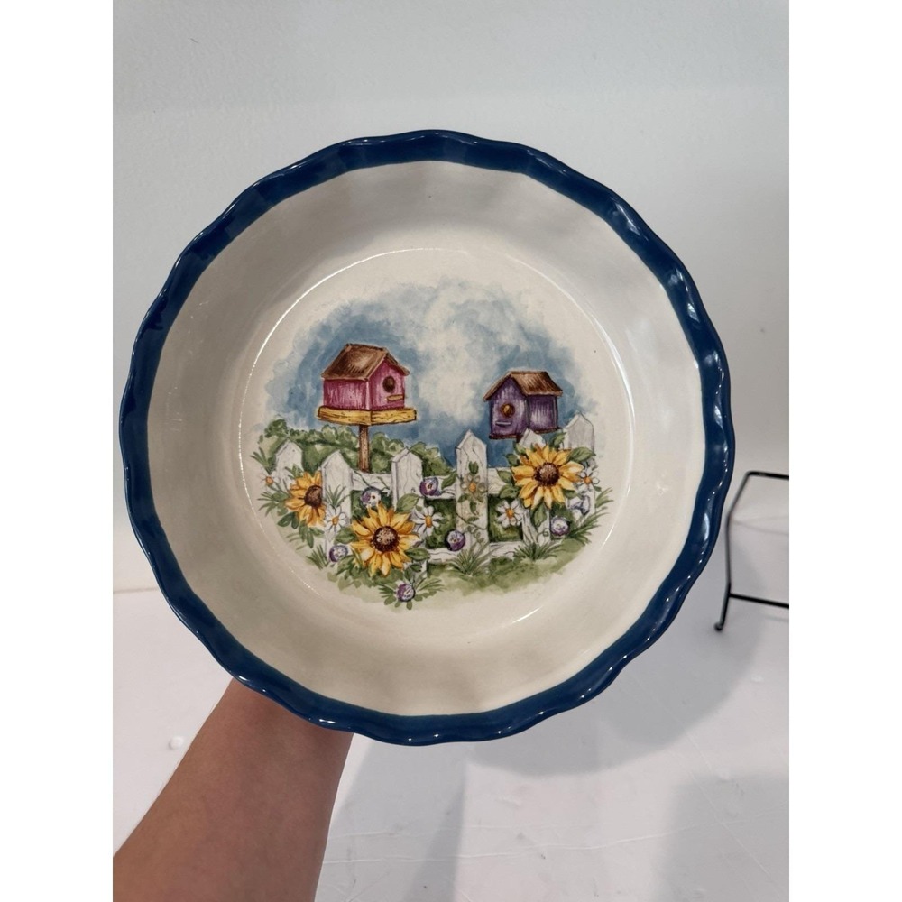 Vintage Country Birdhouse and Sunflowers 9 1/2" Pie Plate Oven Safe Farmhouse
